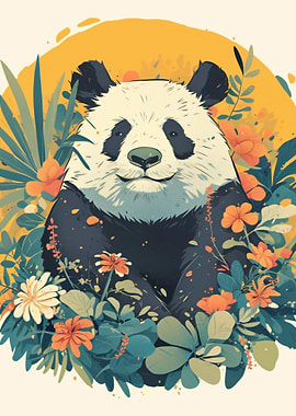 Panda in Floral Garden Illustration
