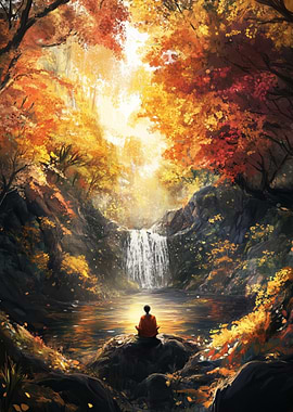 Autumn Meditation by Waterfall