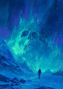 Skull Mountain Under Frozen Sky with Lone Figure