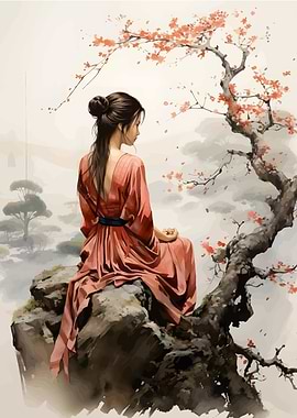 Woman in Kimono by Cherry Tree
