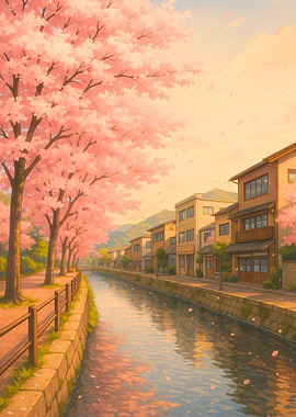 Cherry Blossom Canal in Japanese Town