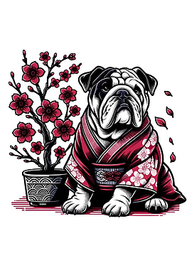 Bulldog in Kimono with Cherry Blossoms