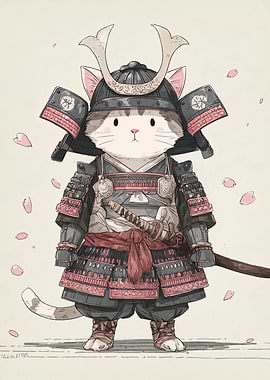 Samurai Cat Warrior with Cherry Blossoms