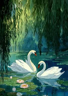 Swans in a Pond with Lilies