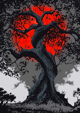 Tree Silhouette with Red Moon