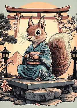 Squirrel in Kimono at Torii Gate