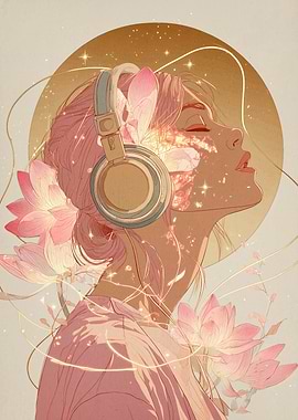 Woman with Headphones and Lotus Flowers