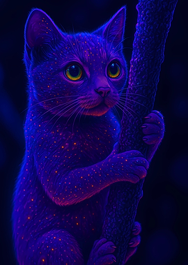 Neon Cat Climbing a Branch