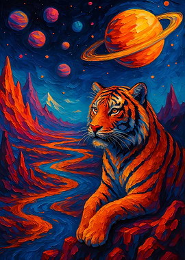 Tiger in Space Landscape Painting