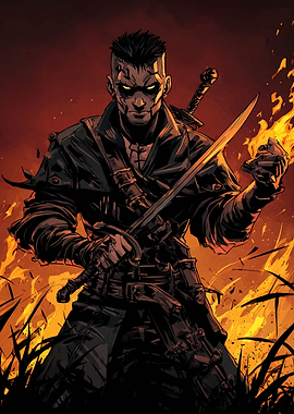 Dark Swordsman in Fiery Landscape