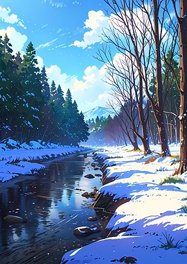 Winter River Landscape Anime Style