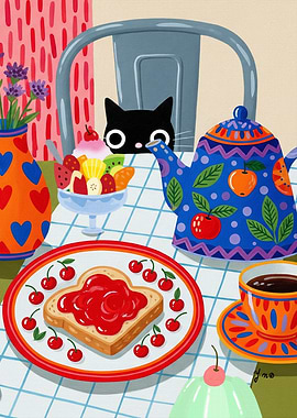 Black Cat Breakfast Art Print with Cherry Jam Toast Colorful Teapot Fruit Parfait Coffee Cup and Lavender Vase Whimsical Cat Kitchen Wall Decor Cute Cozy Morning Brunch Illustration for Cat Lovers