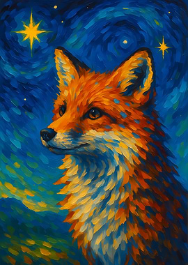 Fox under starry night painting