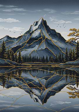 Mountain Reflection with Golden Accents