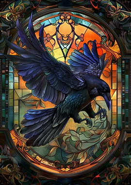 Raven in Stained Glass Style