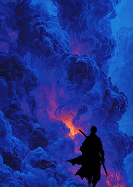Silhouette Warrior Amidst Blue Clouds