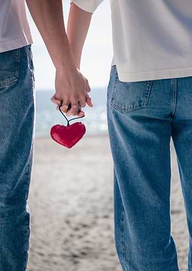Couple holding hands with a heart pendant