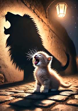 Kitten Roaring with Lion Shadow