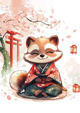 Tanuki in Kimono under Cherry Blossoms