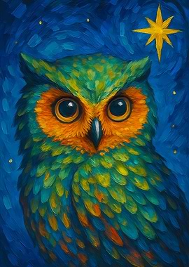 Colorful Owl Portrait with Starry Night