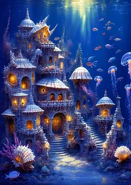 Underwater Castle with Jellyfish and Fish
