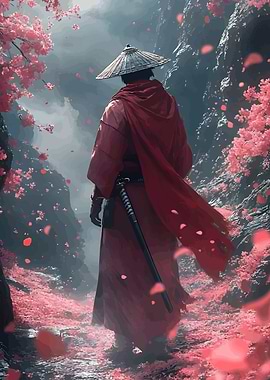 Samurai in Cherry Blossom Path