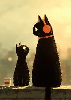 Cats with Headphones and Coffee