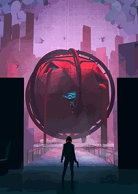 Futuristic Cityscape with Sphere and Figure