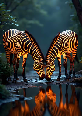 Two Zebras Drinking Water Reflection