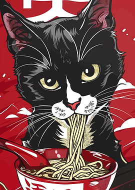 Cat eating ramen illustration