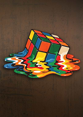 A Rubik's Cube half-melted dripping vivid plastic into swirling puddles of colorful patterns—symbolic, surreal, and retro-inspired.