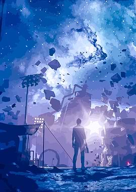 Man in a surreal, blue landscape