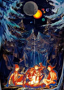 Astronauts Campfire Under Space Landscape