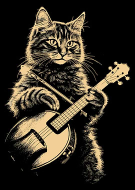 Cat playing banjo, vintage style, gift for cat lover, animal poster, whimsical vintage art, funny cat.