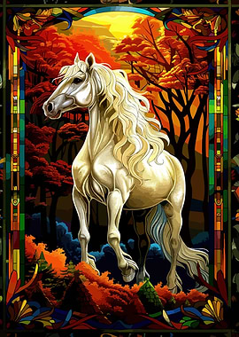 White Horse in Autumn Forest Art