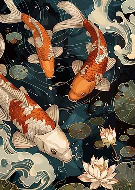 Koi Fish Pond with Lotus Flowers