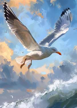 Seagull soaring over ocean waves