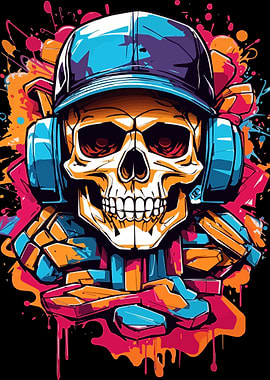 Skull with Headphones and Cap