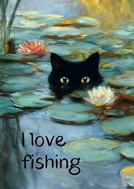Black Cat In Water Lily Pond
