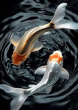 Two Koi Fish in Dark Water