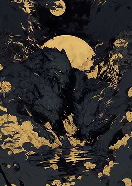Dark Fantasy Wolf Pack Under a Gold Moon