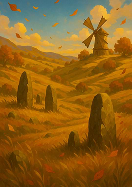 Autumn Landscape with Windmill and Stones