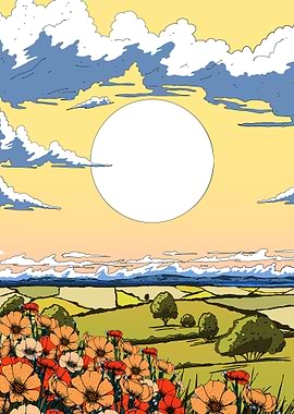 Poppy Field Landscape with Large Sun