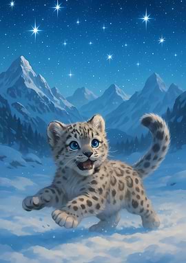 Snow Leopard Cub in Winter Landscape