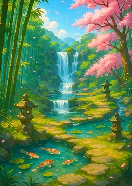 Japanese Garden with Waterfall and Koi