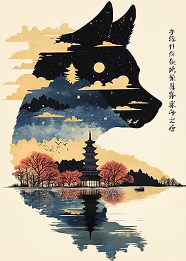 Japanese Landscape in Dog Silhouette