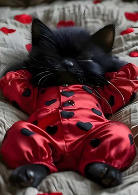 Sleeping Black Kitten in Ladybug Pajamas