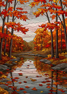 Autumn Forest River Stained Glass Style