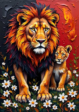 Lion and Cub in Floral Setting