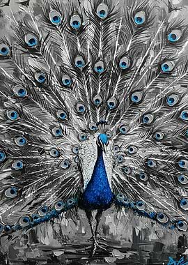 Peacock Painting with Blue Accents